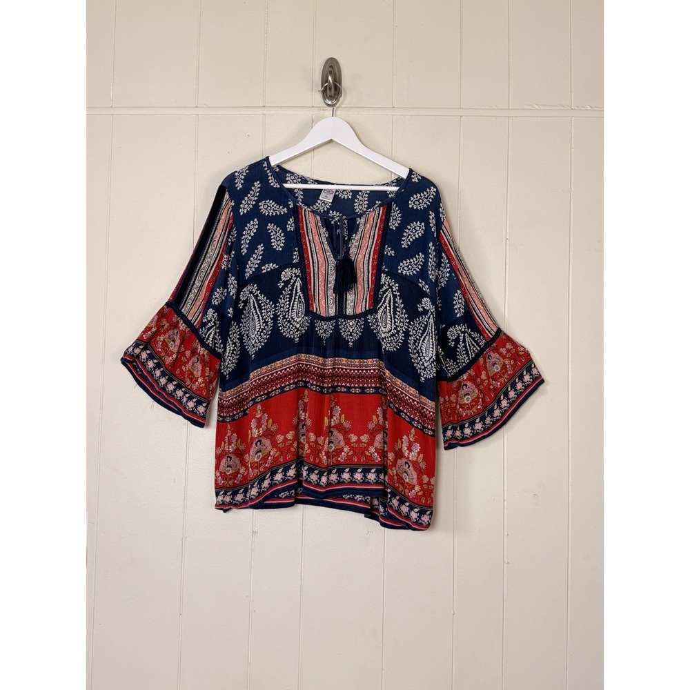 Bila Womens Boho Paisley Peasant Top Bell Sleeve Tassel Size XL Festival Hippie